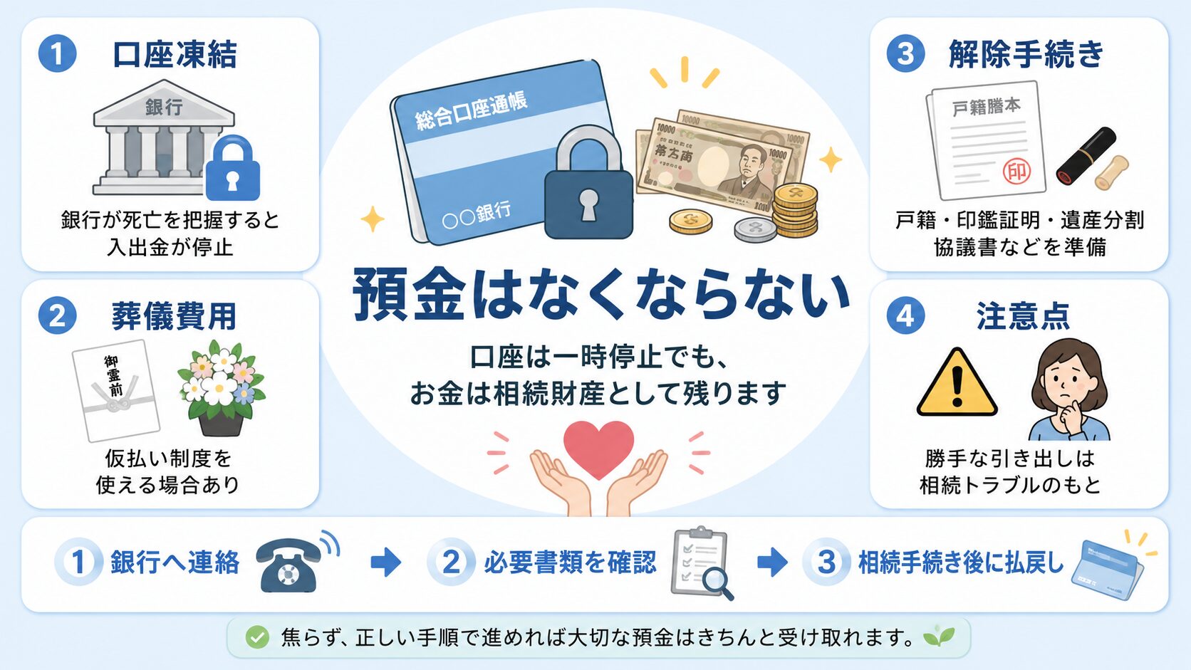 親の銀行口座が凍結されてもお金は消えず相続手続きや仮払い制度で対応できることを説明する図解