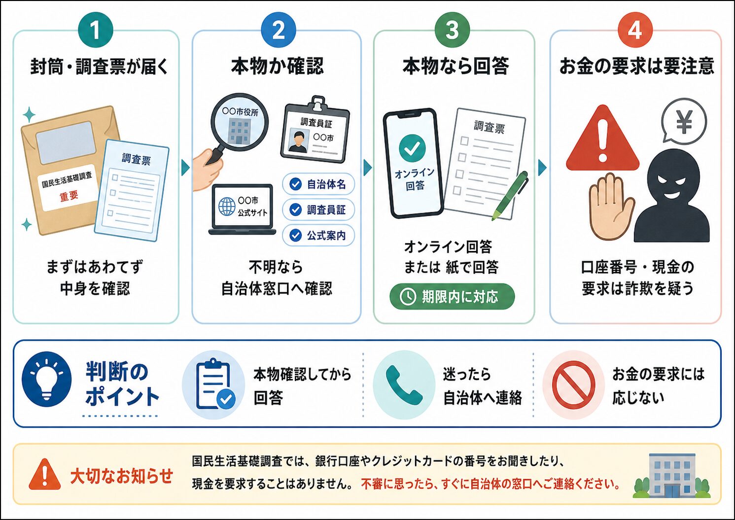 国民生活基礎調査の封筒が届いたら本物確認をして回答する流れ