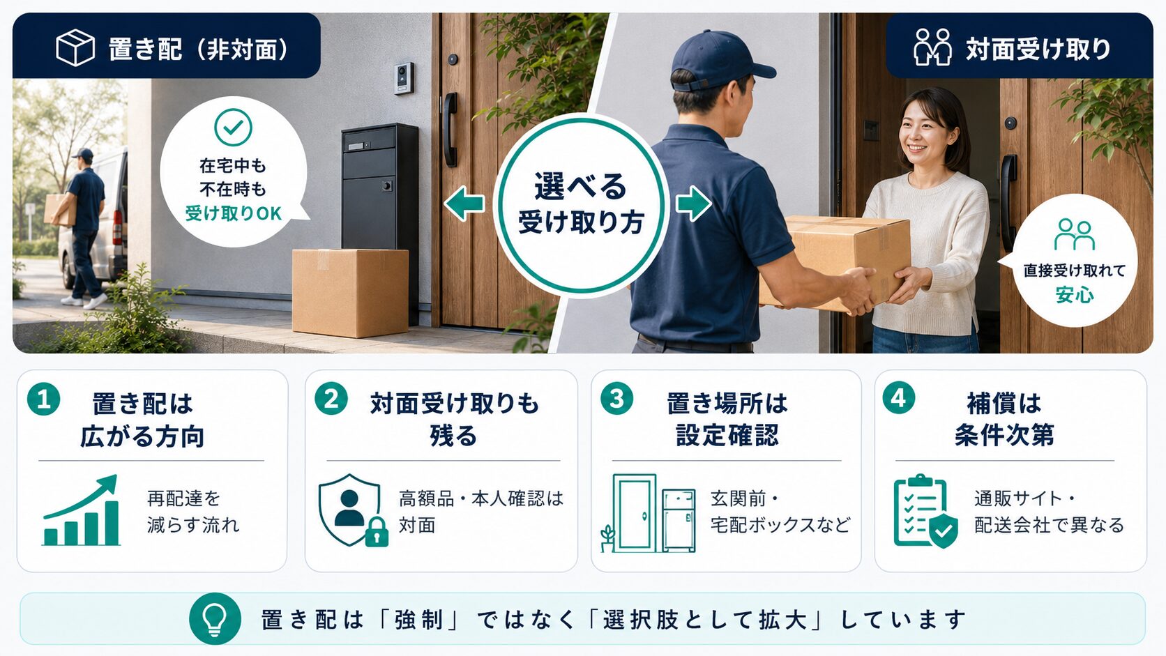 置き配は強制ではなく、対面受け取りや宅配ボックスと並ぶ選択肢として広がっていることを説明する図