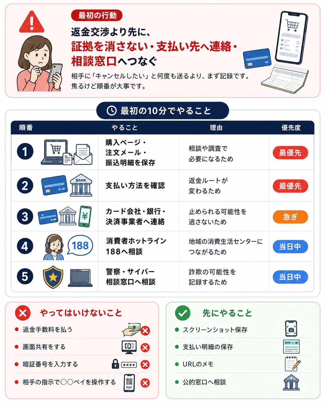 偽ショッピングサイト被害に気づいた直後、最初の10分でやるべき行動を説明した図解。