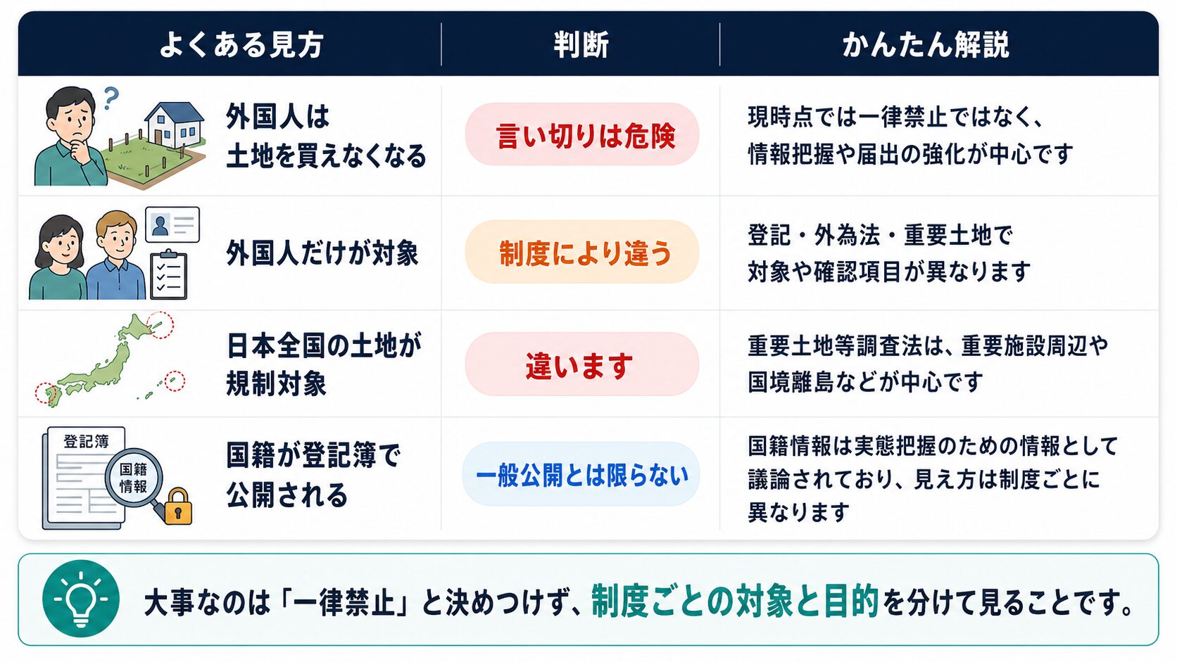 外国人の土地購入に関するよくある誤解と正しい見方を、購入禁止、対象者、対象地域、国籍情報の公開の観点で整理した表