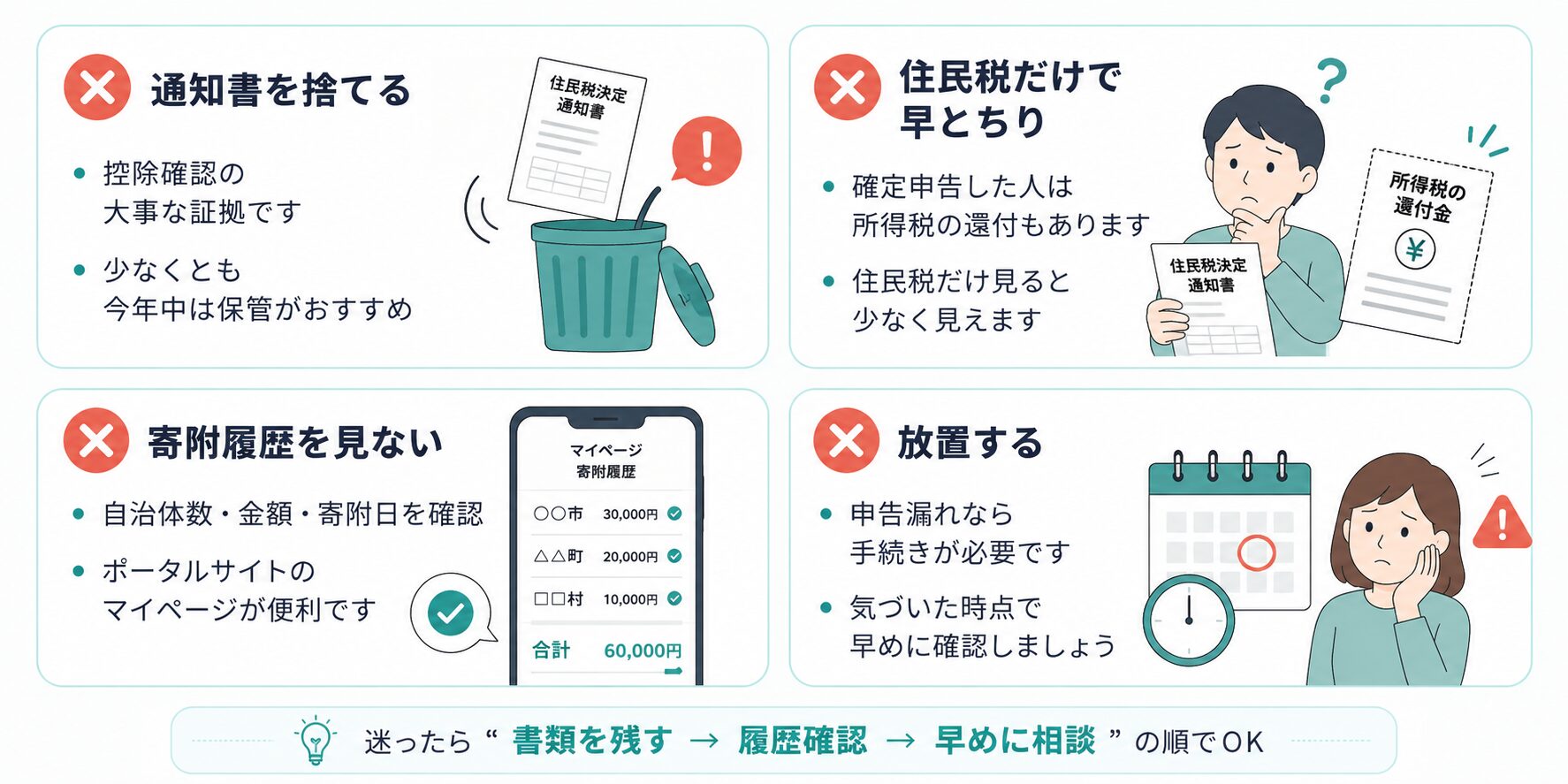 住民税決定通知書を捨てる、住民税だけで判断する、寄附履歴を見ない、放置するなどのNG行動