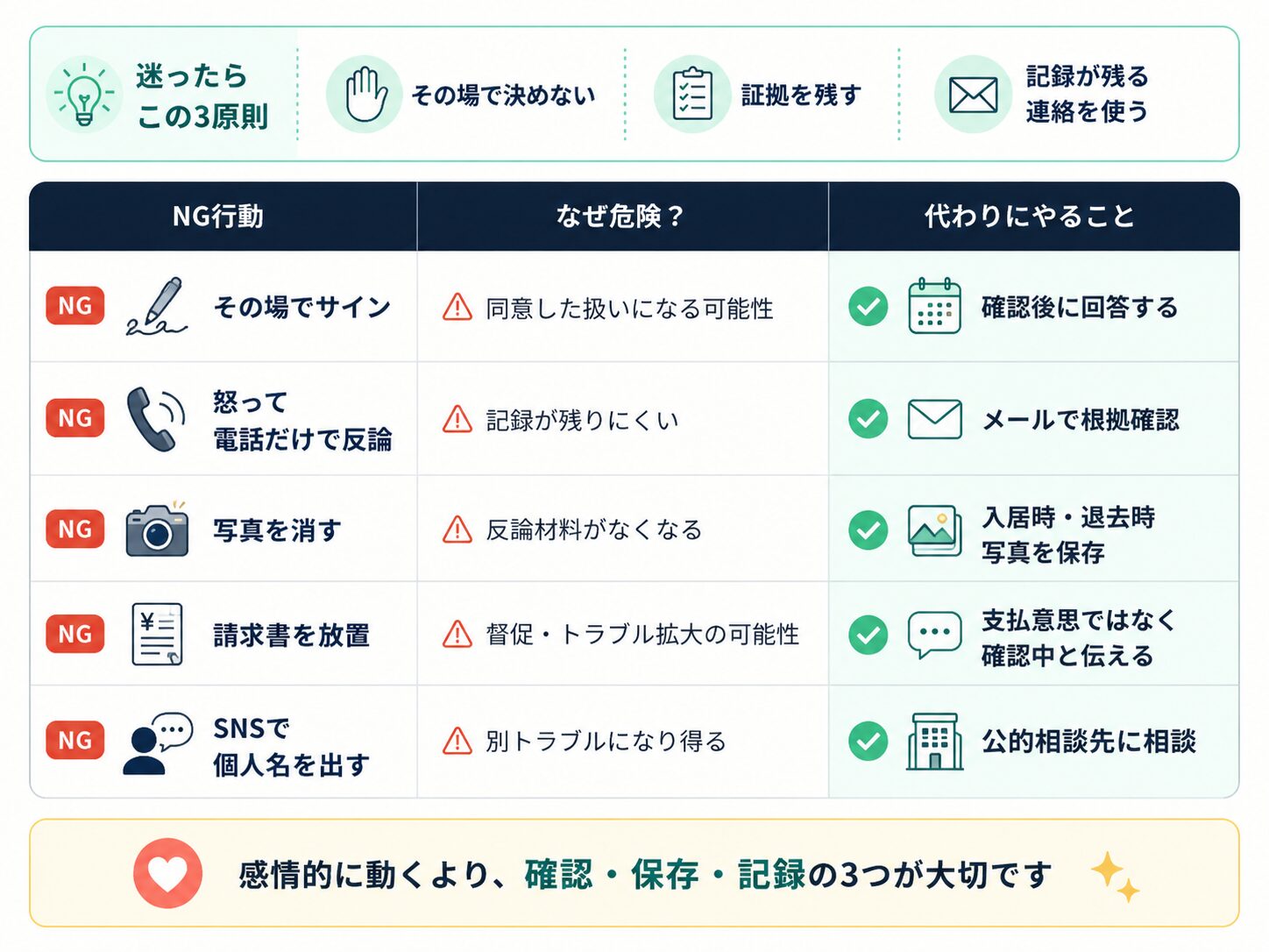 退去費用トラブルでやってはいけない行動と代わりにやることを整理した表