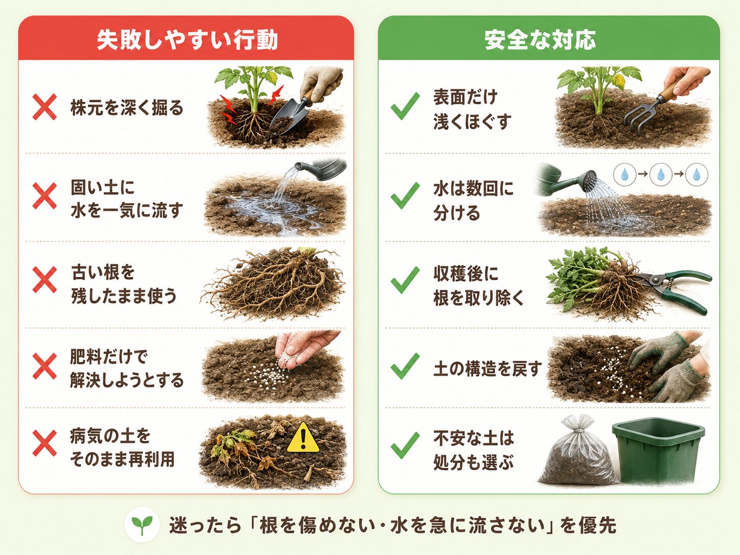 固い土でやってはいけないNG行動と安全な対応を比較した図解