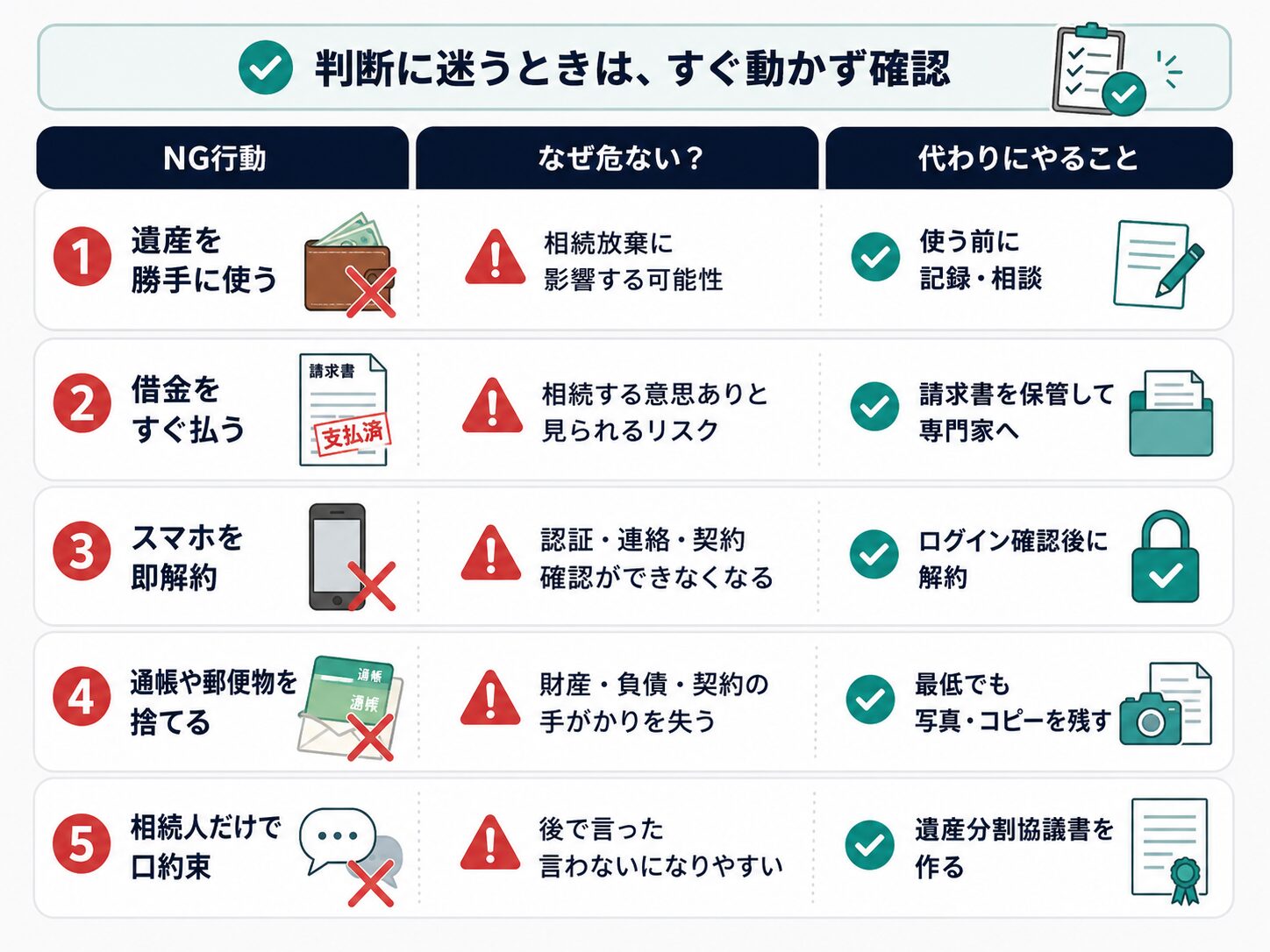 遺産を勝手に使う、借金をすぐ払う、スマホを即解約する、通帳や郵便物を捨てる、口約束するなどのNG行動を整理した図解
