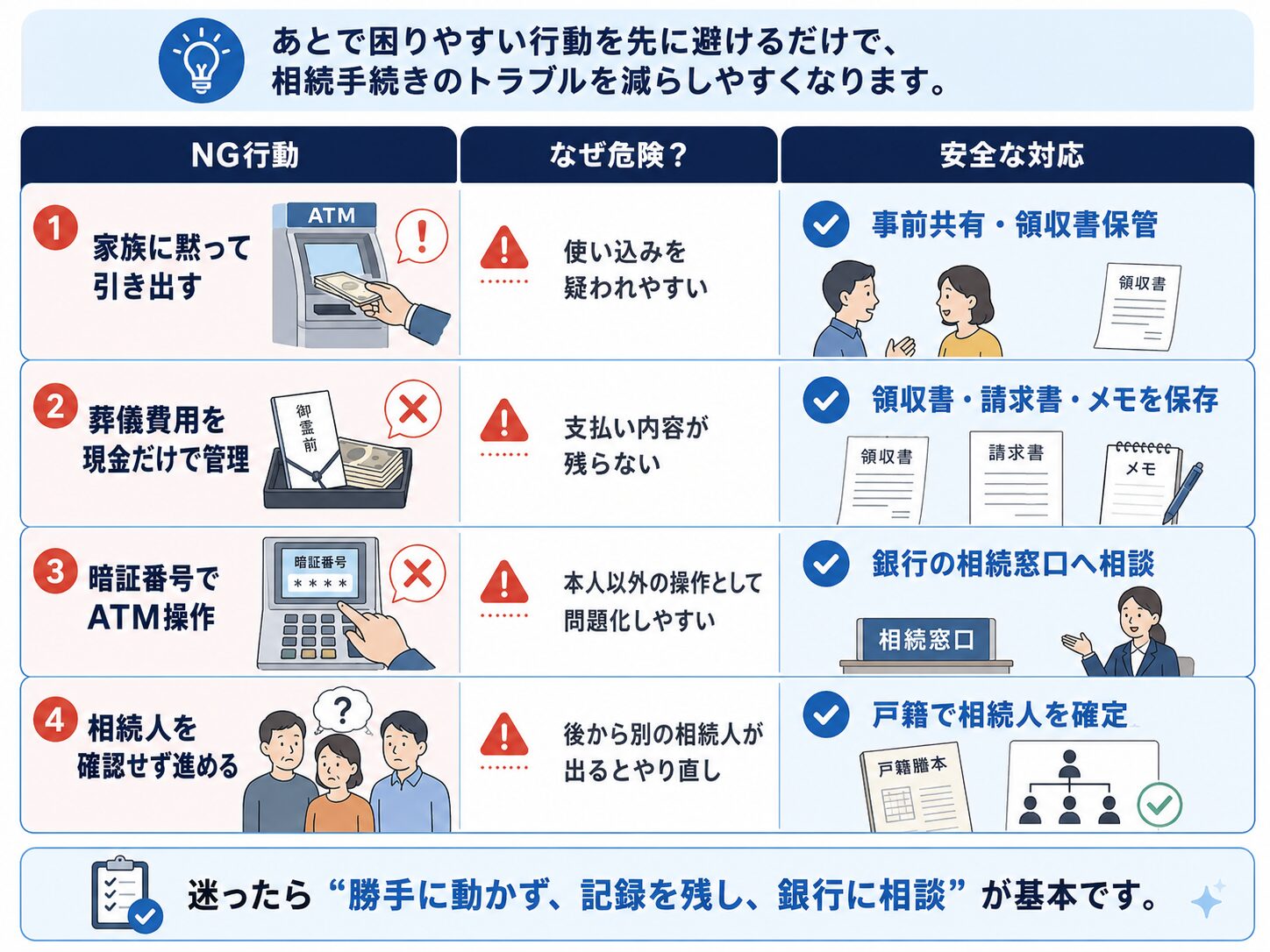家族に黙って引き出す、領収書を残さない、暗証番号でATM操作するなど相続時に避けたい行動を説明する図解