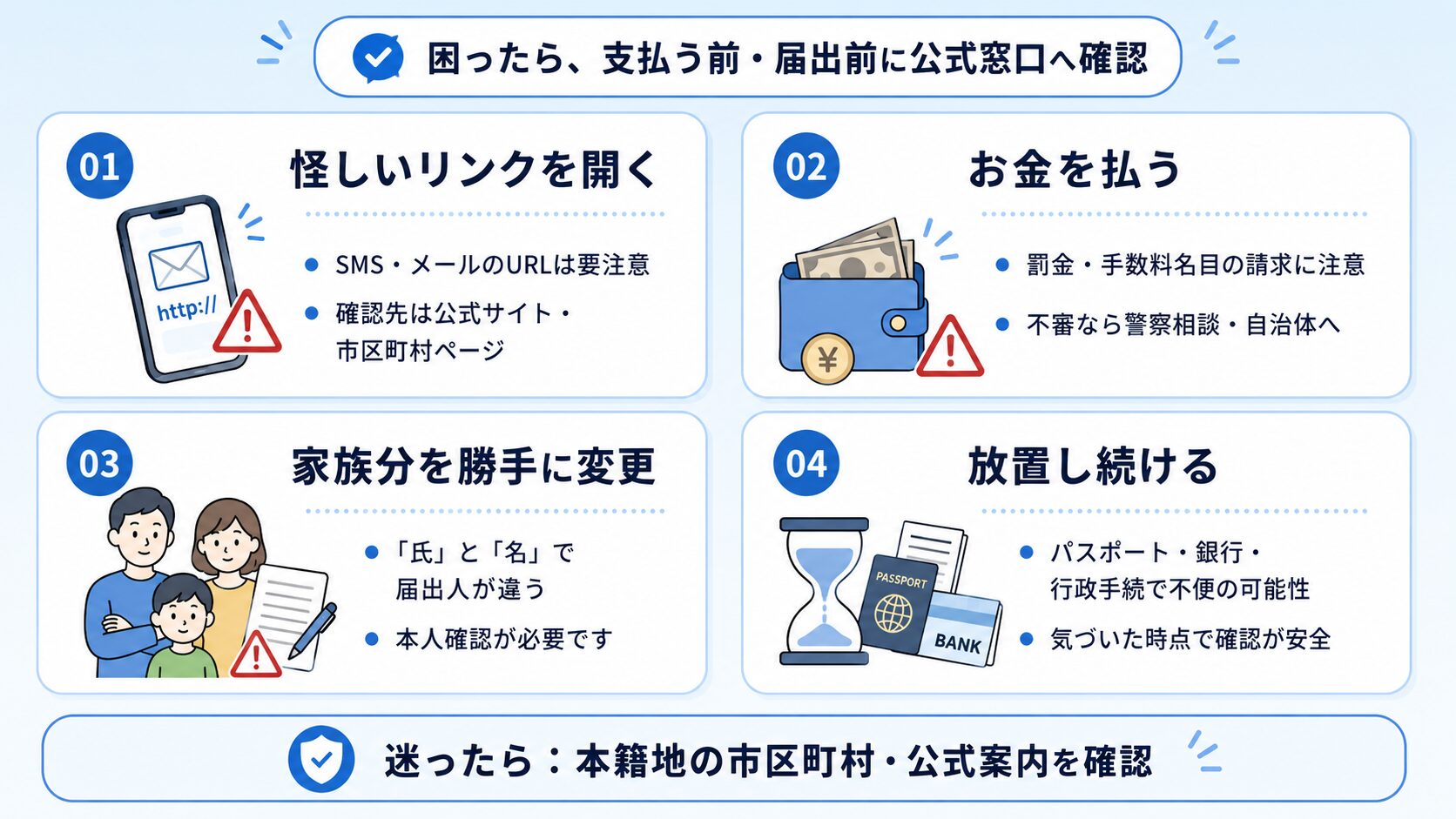 戸籍フリガナの期限後対応でやってはいけないこと。怪しいリンク、お金の支払い、家族分の勝手な変更、放置を注意喚起する図解