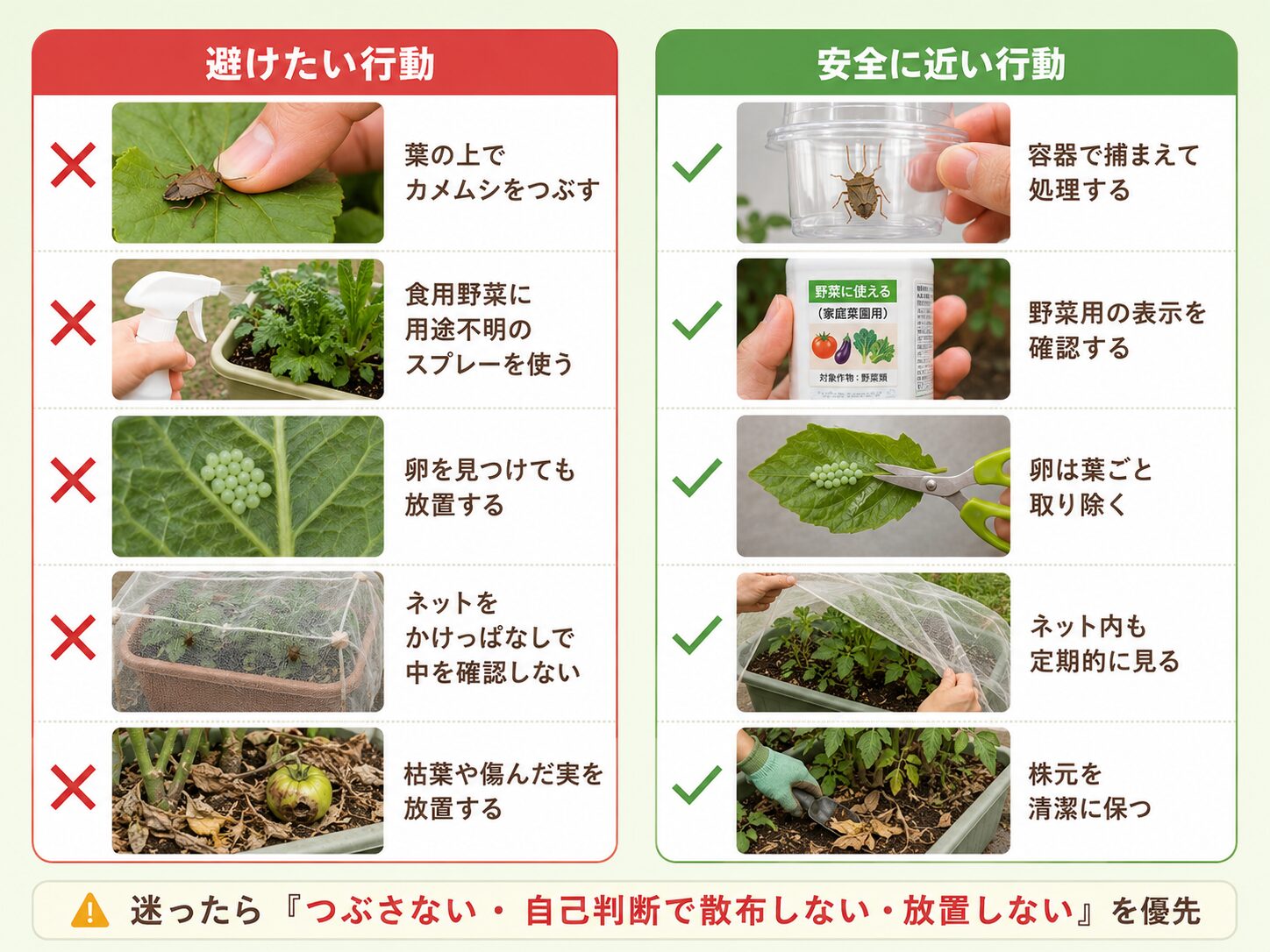 やってはいけないカメムシ対策と安全に近い行動。つぶさない、自己判断で散布しない、放置しない