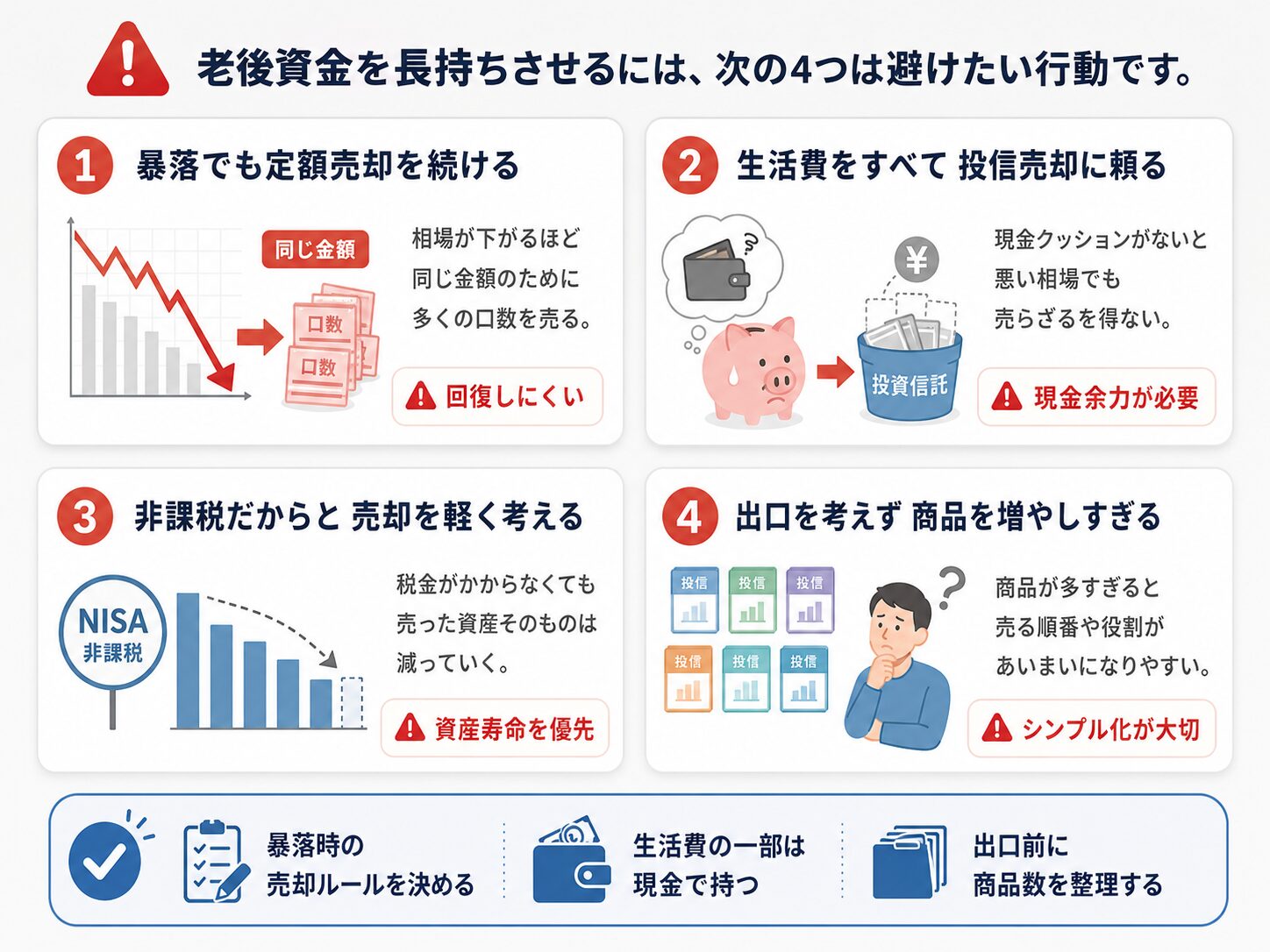 老後資金を長持ちさせるために避けたい出口戦略を示した図解