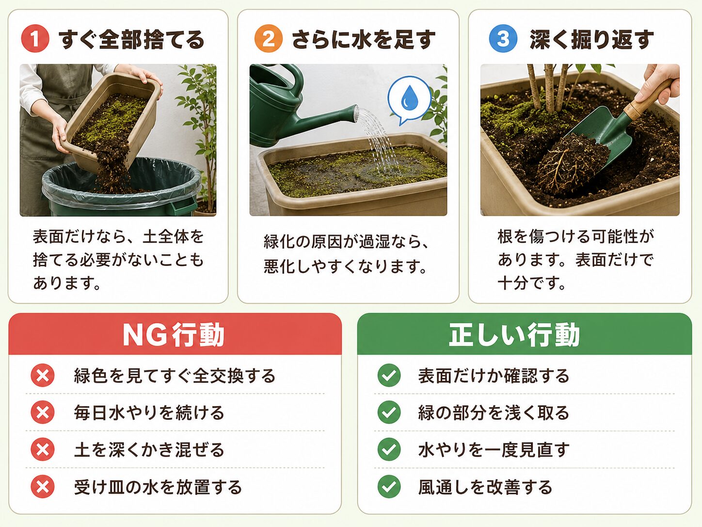 土が緑になった時にやってはいけない失敗。すぐ全部捨てる、さらに水を足す、深く掘り返すのNG例と正しい行動