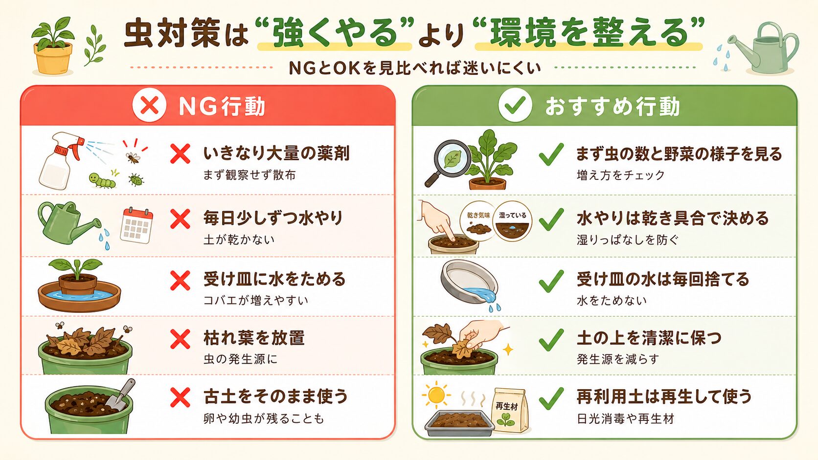 プランターの虫対策で避けたいNG行動とおすすめ行動の比較