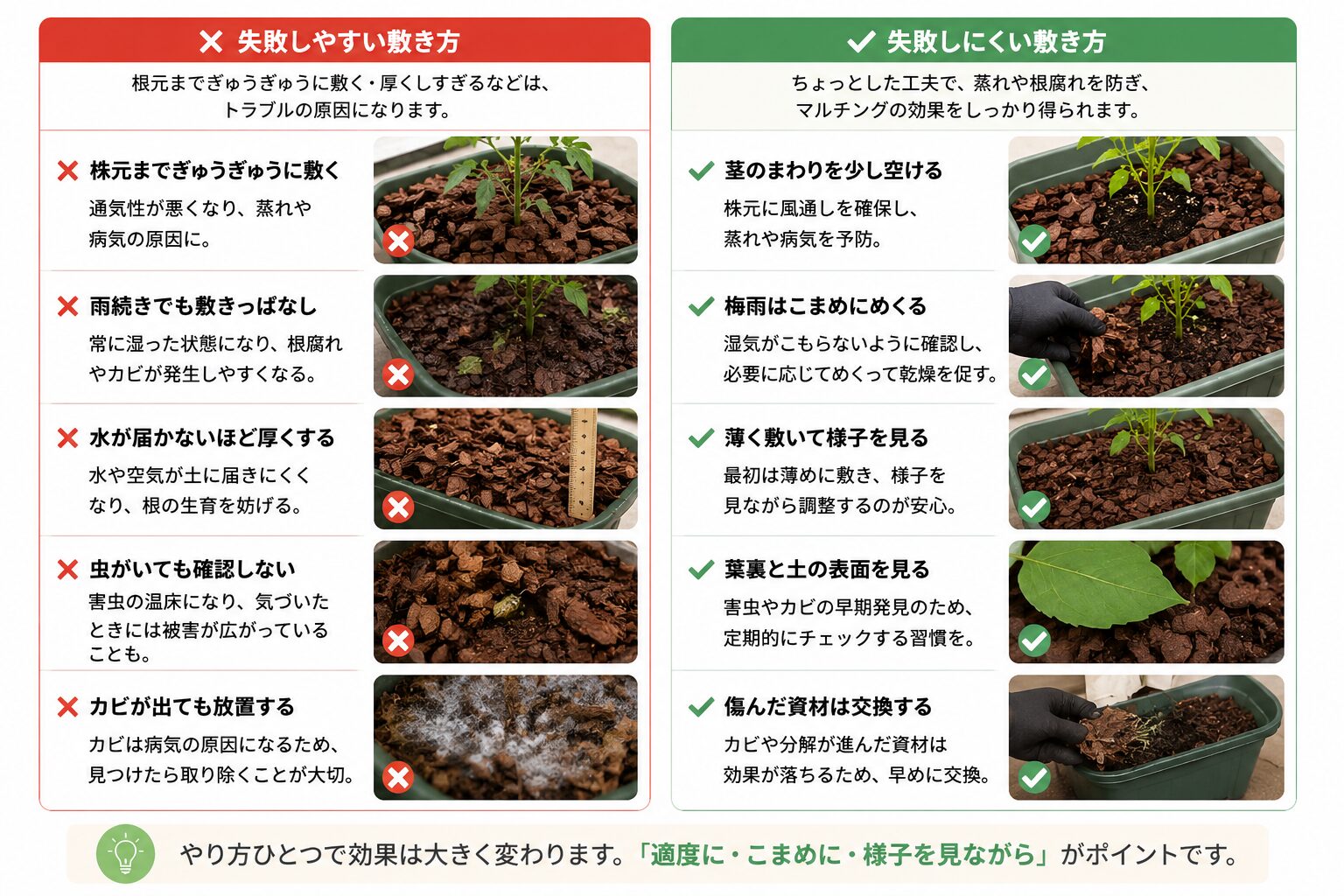 マルチングでやってはいけない敷き方と正しい敷き方の比較