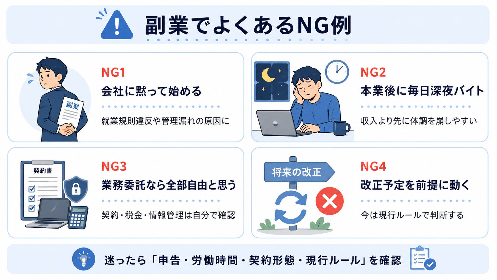副業初心者がやりがちなNGとして無断副業、深夜バイト、業務委託の誤解、改正予定前提の行動を示した図解