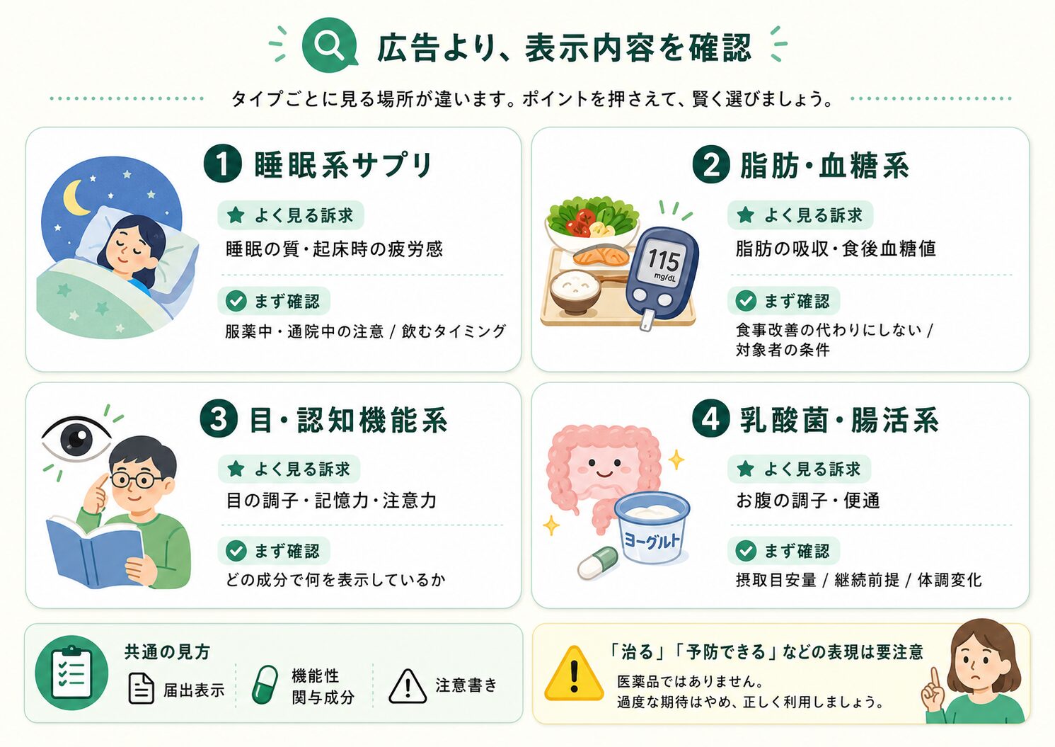 睡眠系サプリ、脂肪・血糖系、目・認知機能系、乳酸菌・腸活系の商品タイプ別に見るポイントを整理した図解