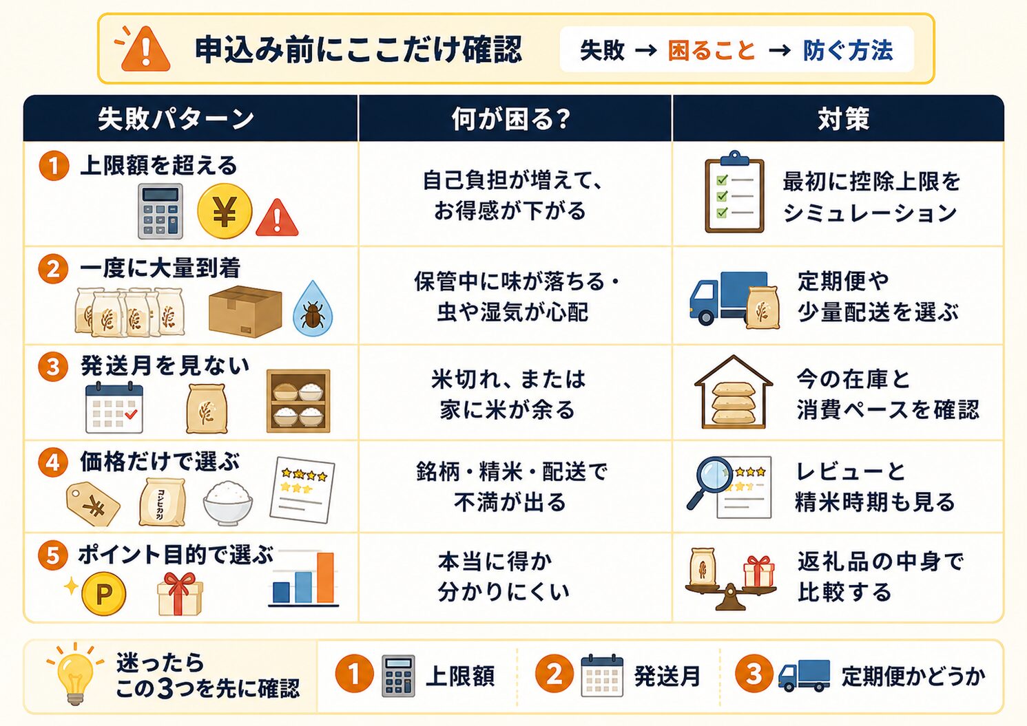 ふるさと納税のお米返礼品で損しやすい失敗パターンと対策をまとめた図解