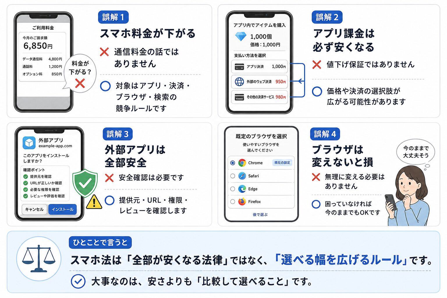 スマホ法に関する誤解として、スマホ料金が下がる、アプリ課金が必ず安くなる、外部アプリは全部安全、ブラウザは変えないと損、という誤解を正す図解