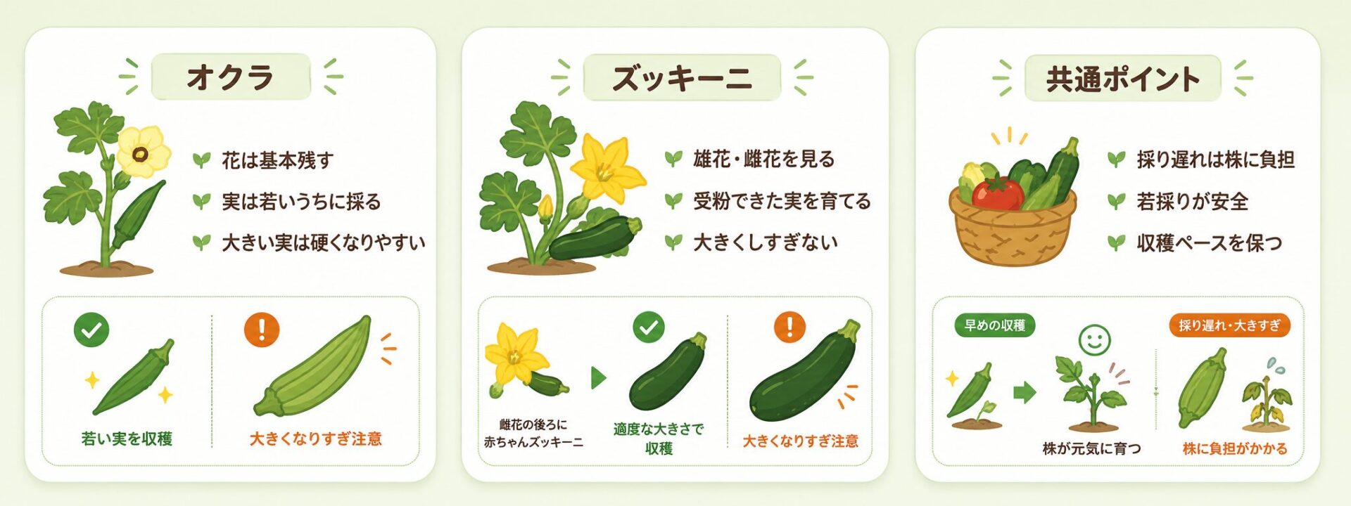 オクラとズッキーニを大きくしすぎず若採りする説明図