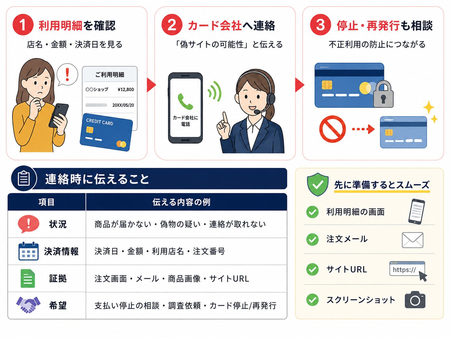 クレジットカード払いの被害時にカード会社へ連絡する流れを示した図解。