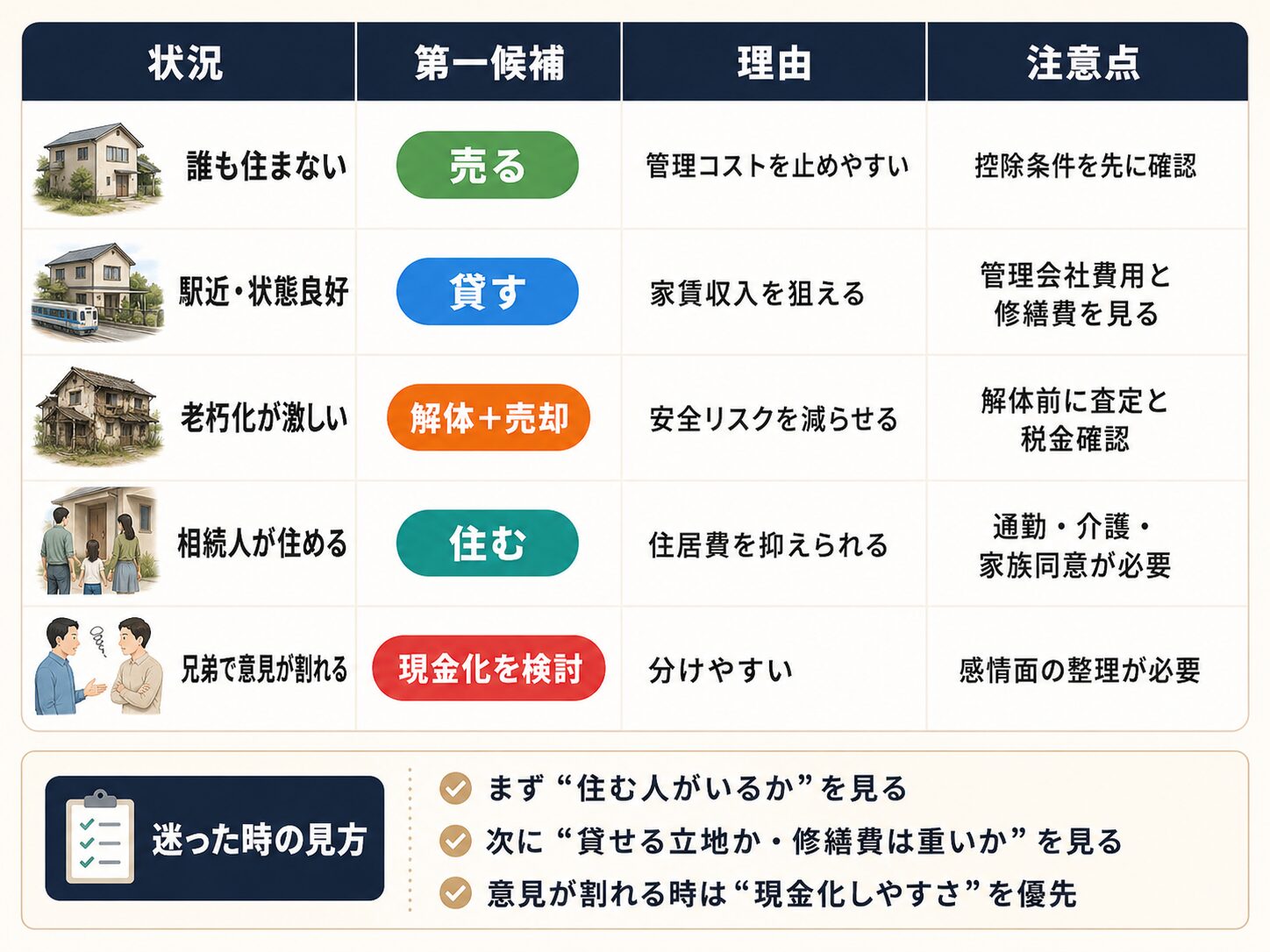 誰も住まない、駅近、老朽化、相続人が住める、兄弟で意見が割れる場合のおすすめ出口を示した図解