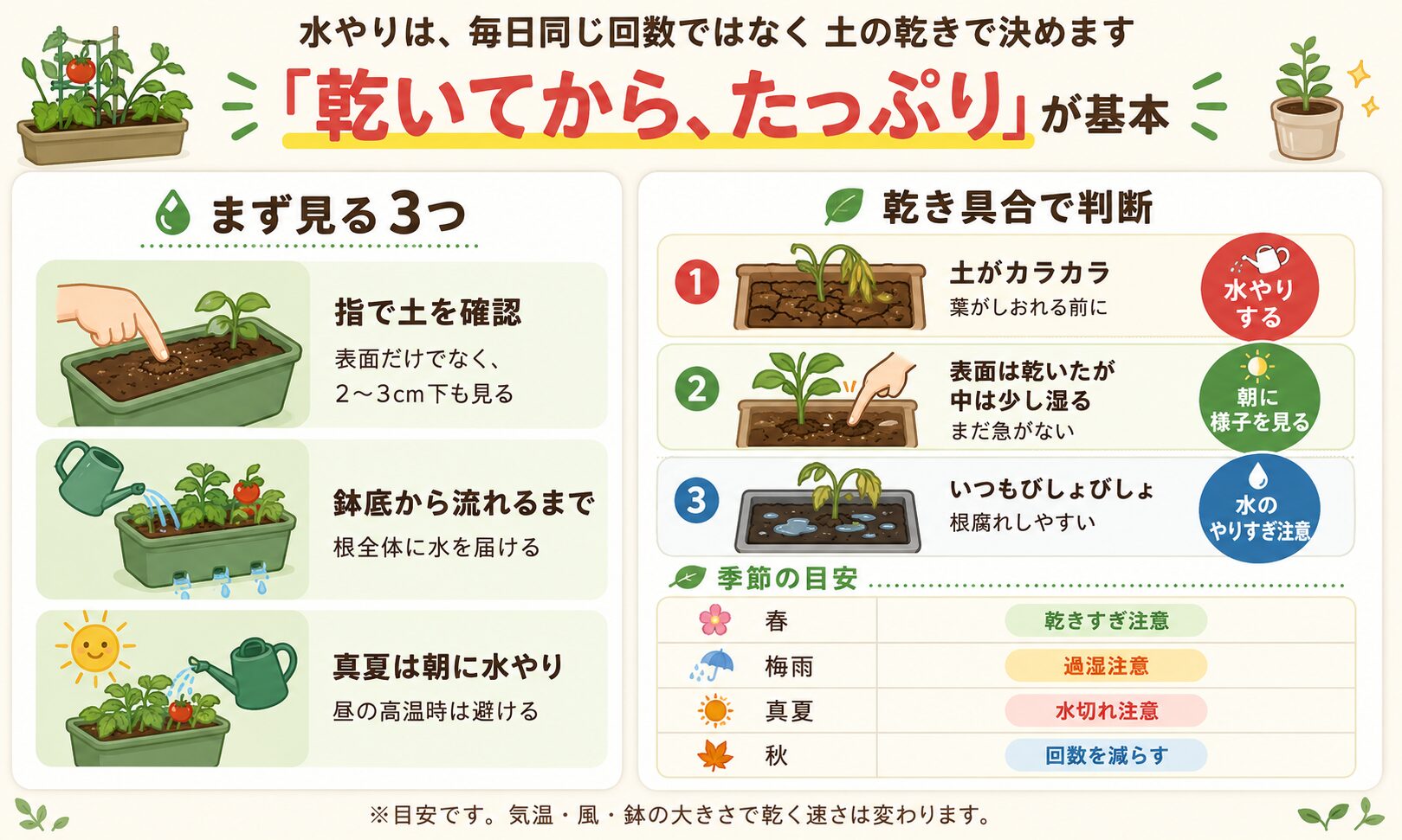プランター野菜の水やり判断。土の乾き具合、指での確認、鉢底から流れるまで水やりする方法を図解