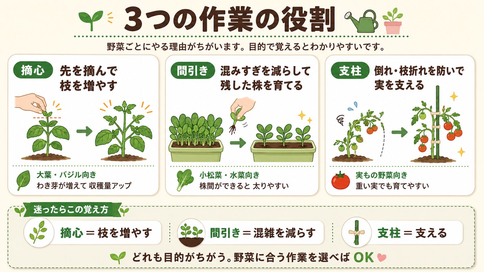 摘心、間引き、支柱の違い。枝を増やす、混雑を減らす、株を支える作業を初心者向けに図解
