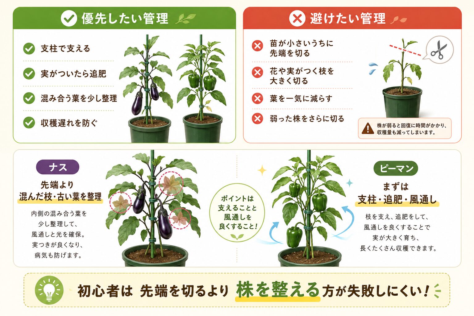 ナスとピーマンは摘心より枝の整理を優先することを示した図解