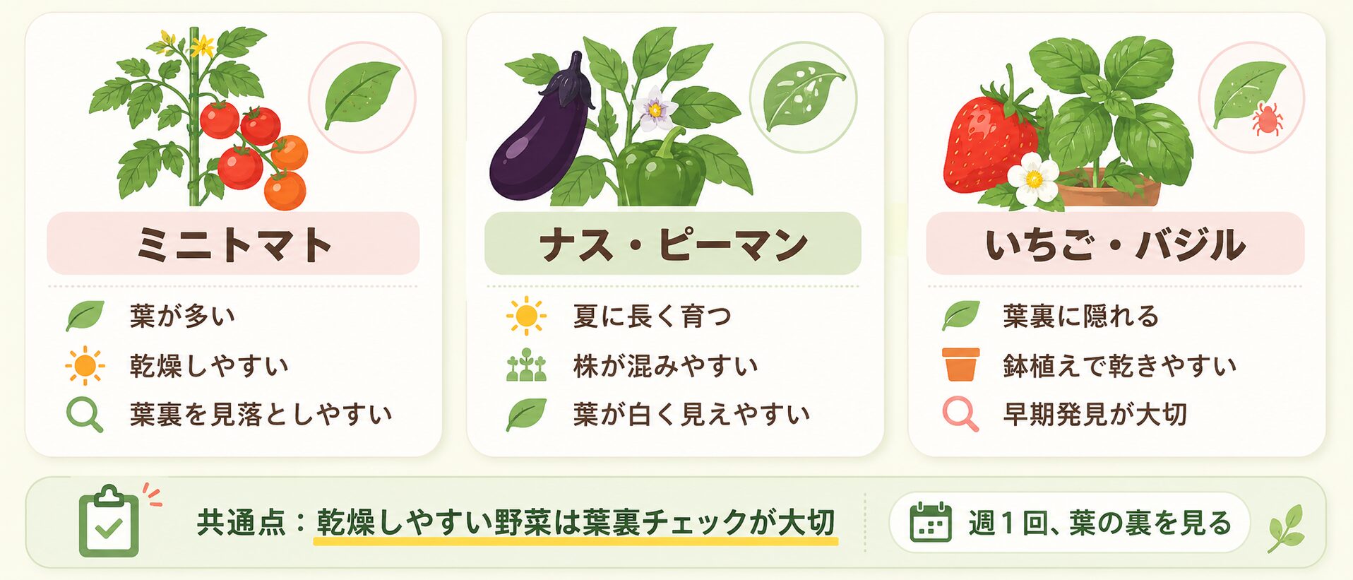 ハダニが出やすいミニトマト、ナス、ピーマン、いちご、バジルの特徴をまとめた図解。