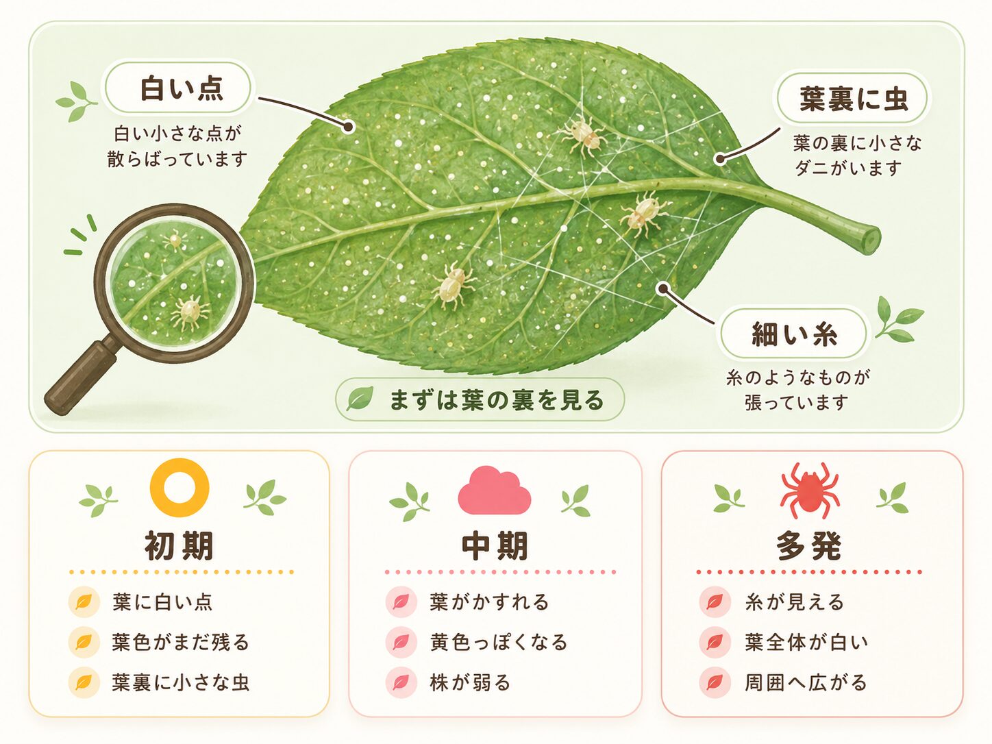 ハダニの見分け方。葉裏の白い点、小さな虫、細い糸をイラストで解説。