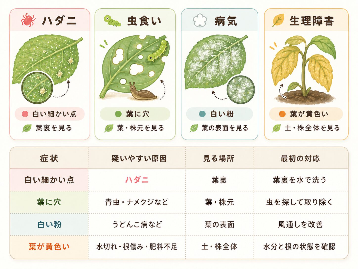 ハダニ、虫食い、病気、生理障害の違いを症状別に比較した表。