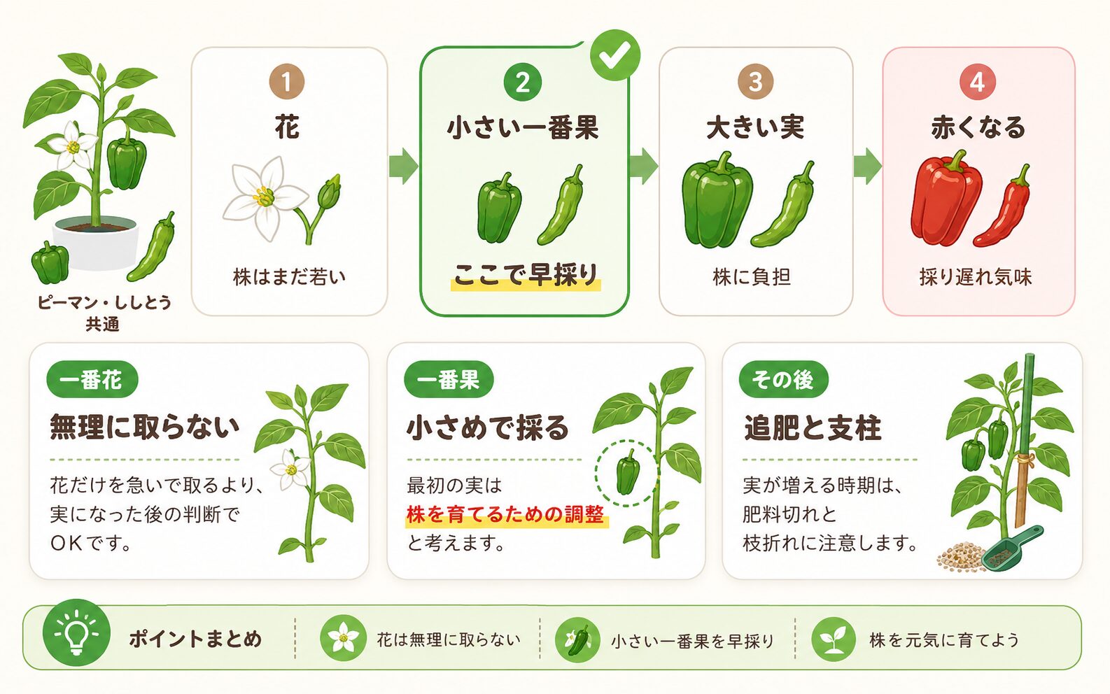 ピーマンとししとうの一番果を早採りするタイミングの図解