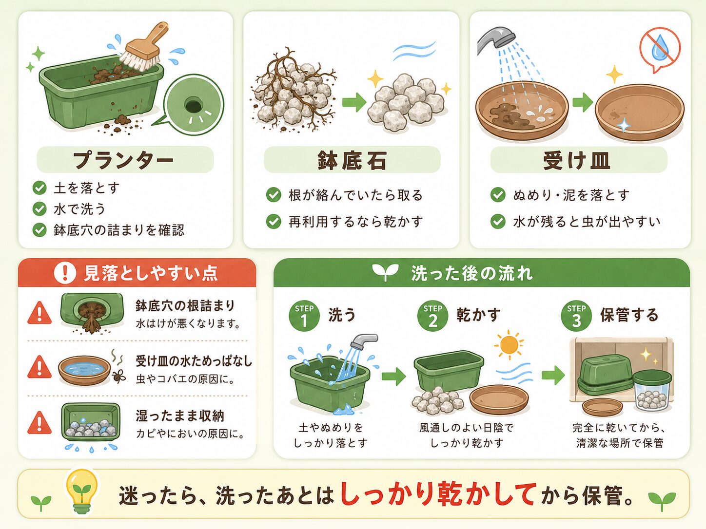 プランター・鉢底石・受け皿の洗い方と保管前チェックを示した図解