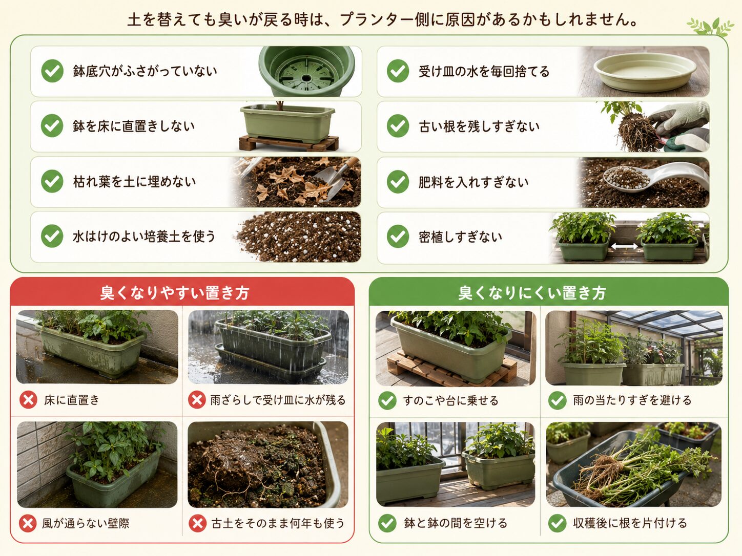 プランター環境を見直して臭いを防ぐための置き方とチェック項目