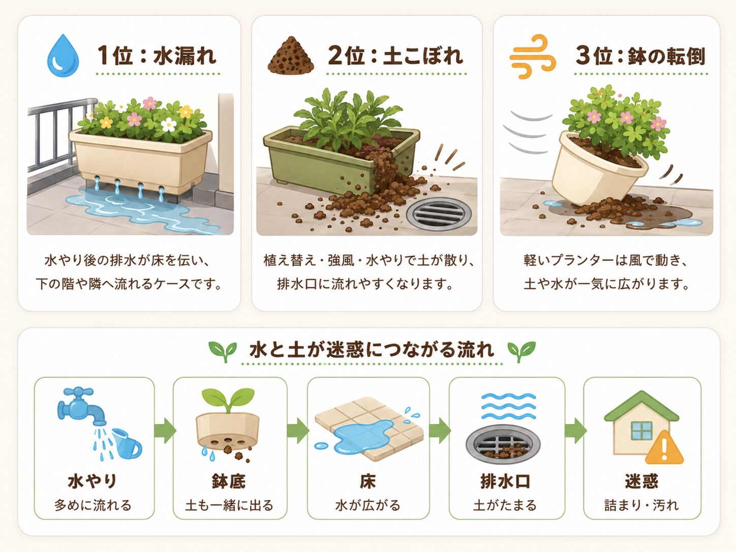 ベランダ菜園で迷惑になりやすい水漏れ、土こぼれ、鉢の転倒を説明した図解