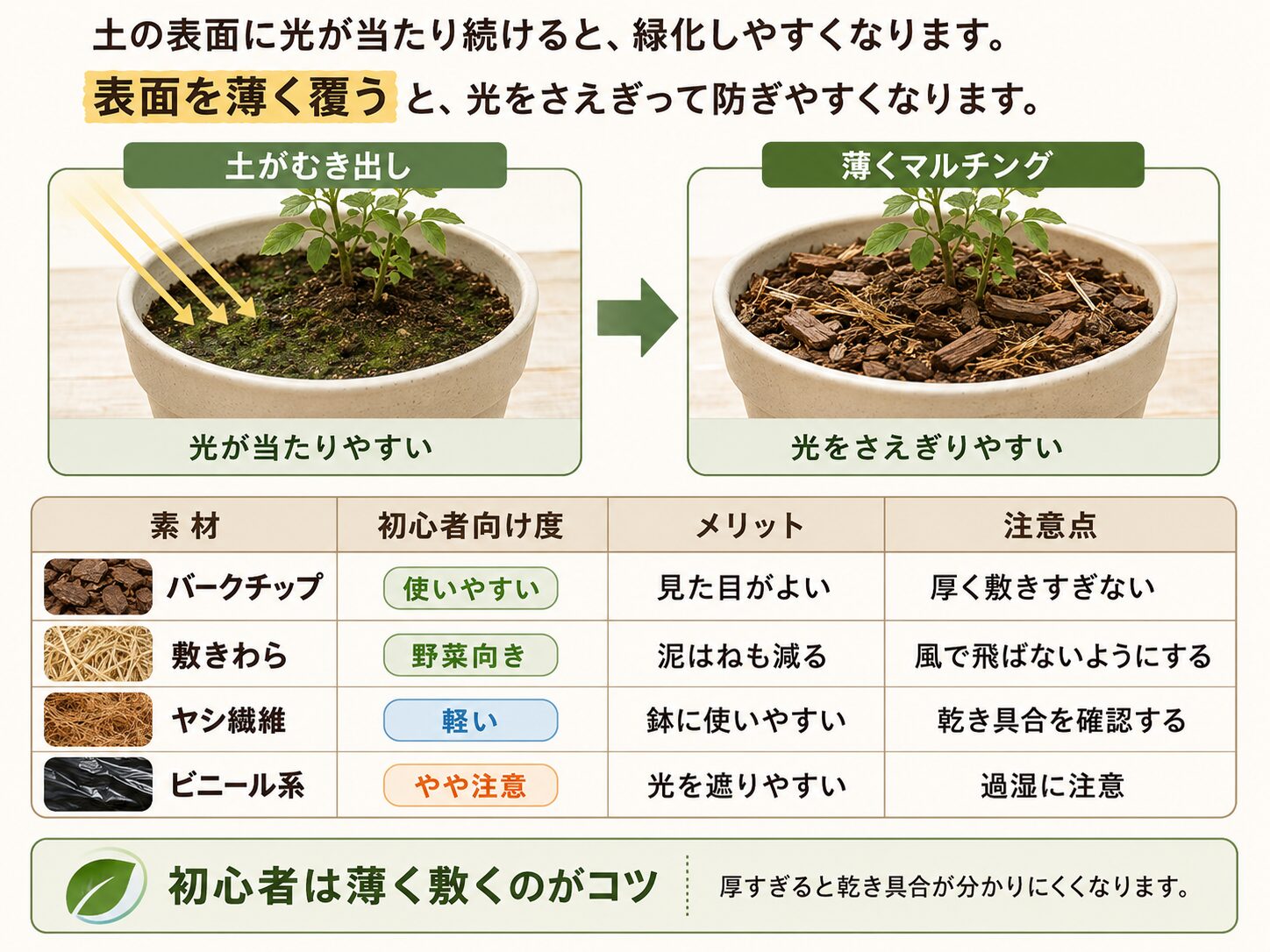 土がむき出しの状態と薄くマルチングした状態の比較。バークチップ、敷きわら、ヤシ繊維、ビニール系の違い