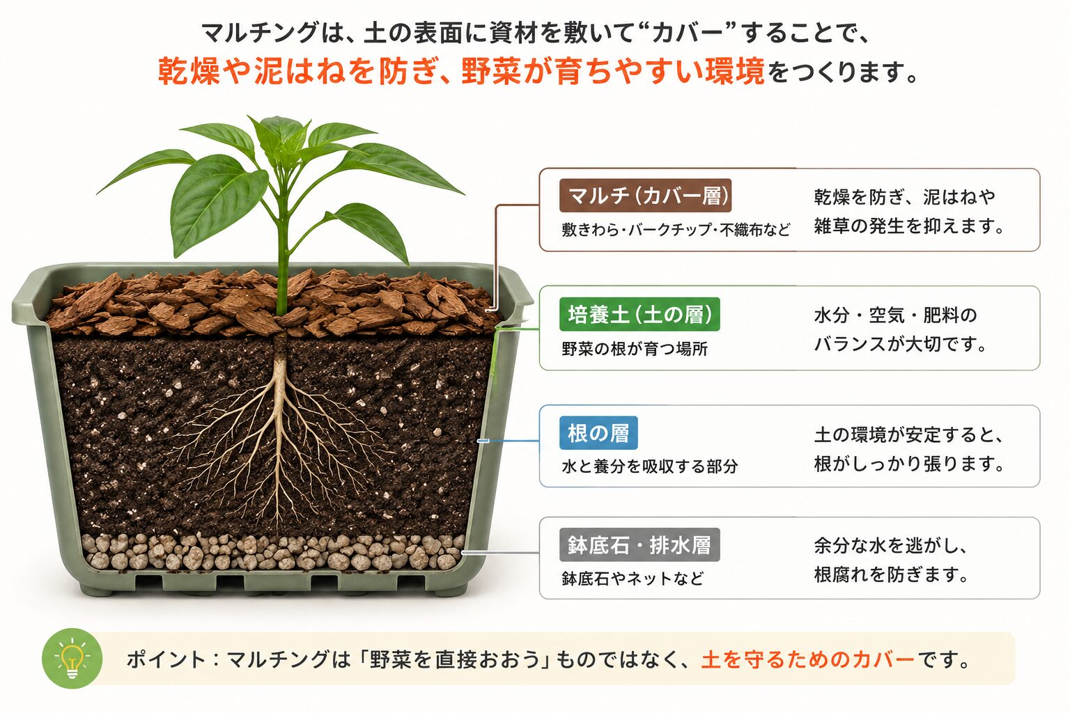 プランターの断層で見るマルチングの役割