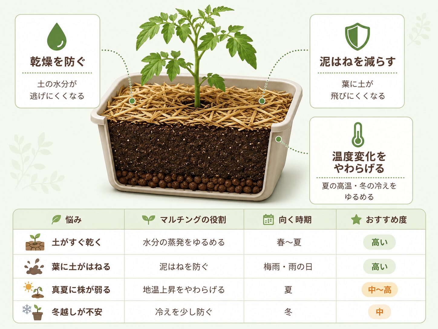 マルチングの効果を乾燥・泥はね・温度変化で説明した図