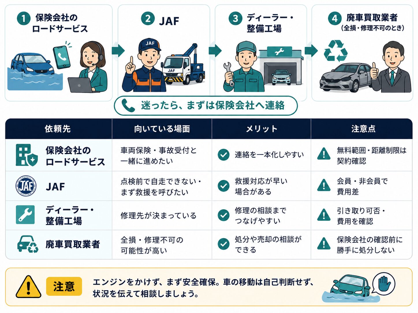 保険会社、JAF、販売店・整備工場、廃車買取業者のどこにレッカーや相談を依頼すべきかを比較する表