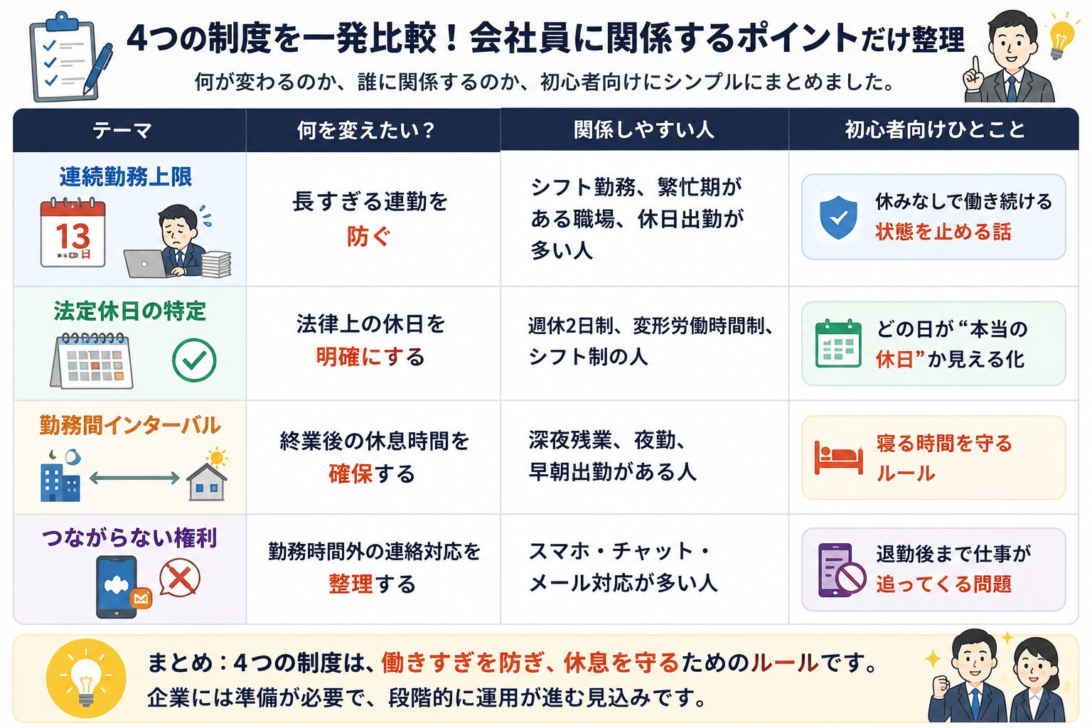 会社員に関係する労働基準法改正のポイントを比較表で整理した図解