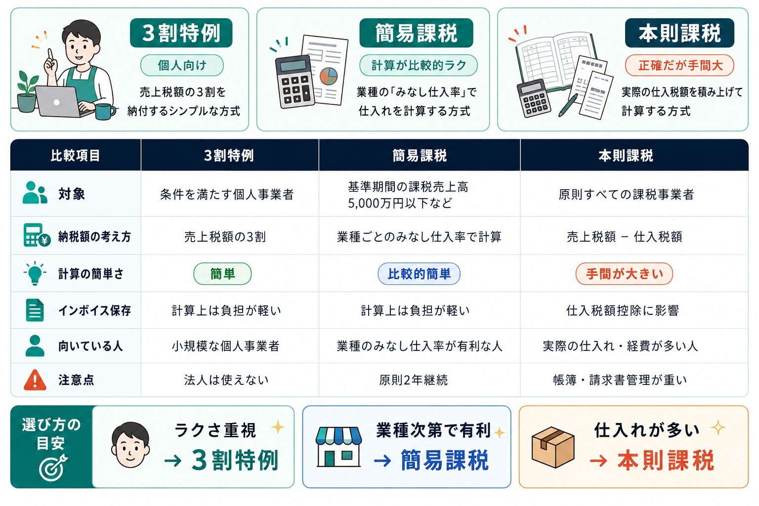 3割特例・簡易課税・本則課税の対象者・納税額の考え方・計算の簡単さを比較した表