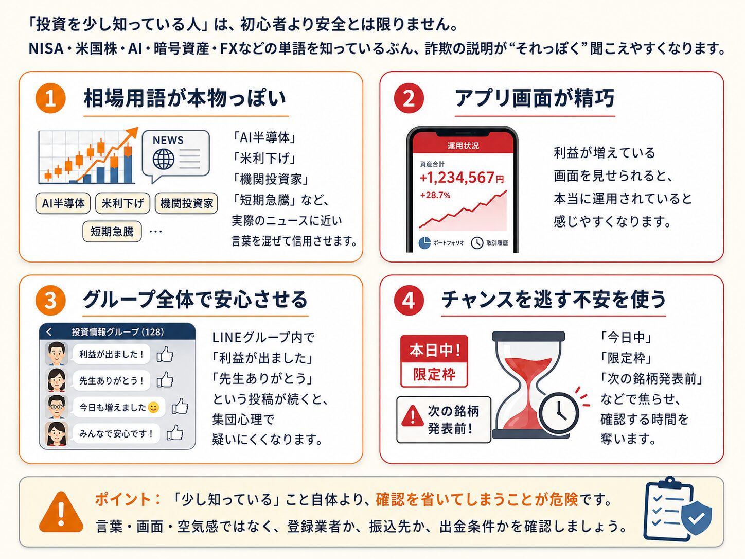 投資中級者ほどSNS投資詐欺に引っかかりやすい理由を4つに整理した図