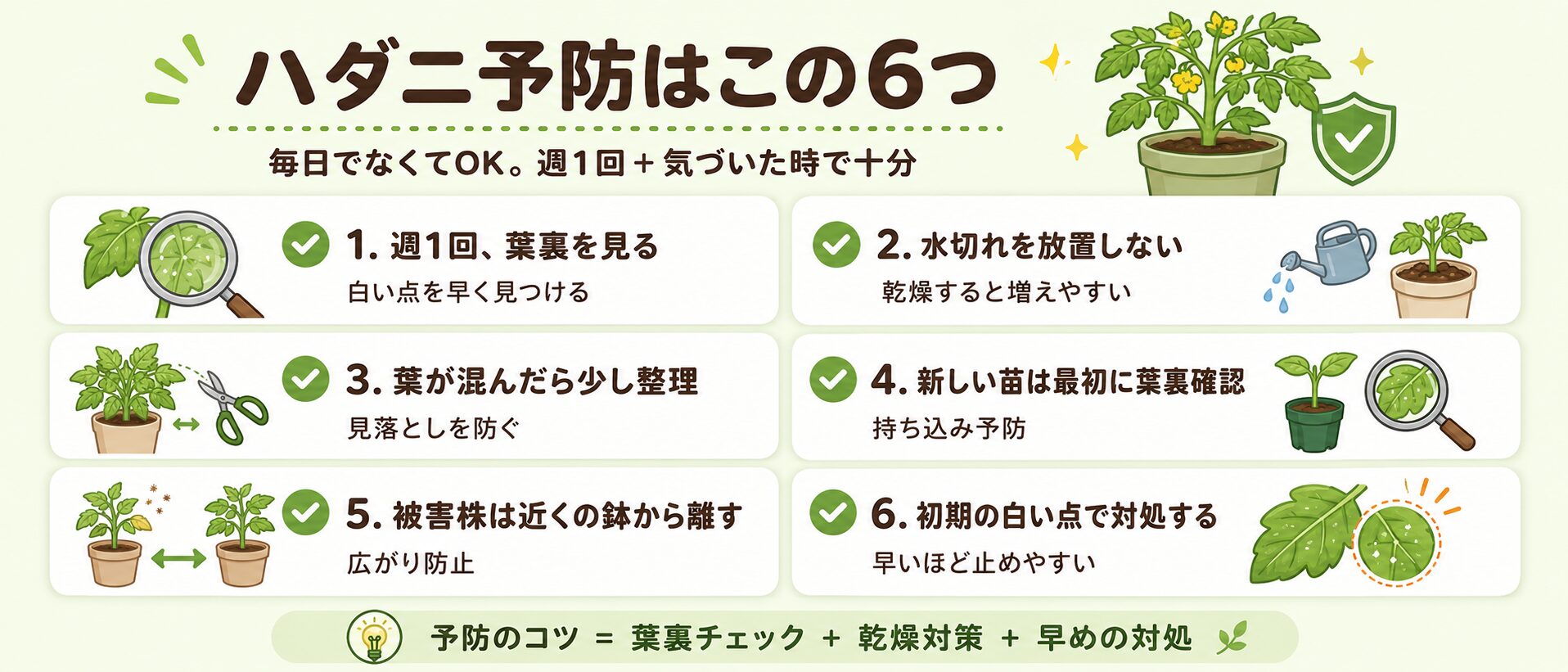 ハダニ予防の6つのポイント。葉裏チェック、水切れ対策、葉の整理、苗の確認、被害株の隔離、初期対処を図解。