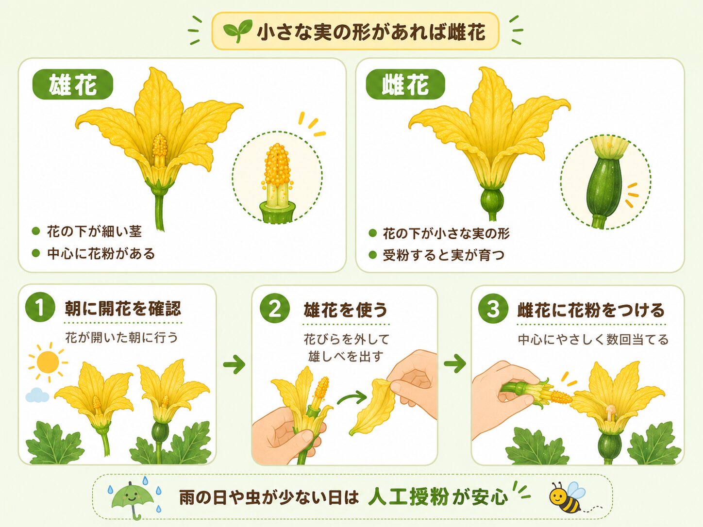 ズッキーニの雄花と雌花の見分け方と人工授粉の手順。雄花の花粉を雌花へ付ける方法