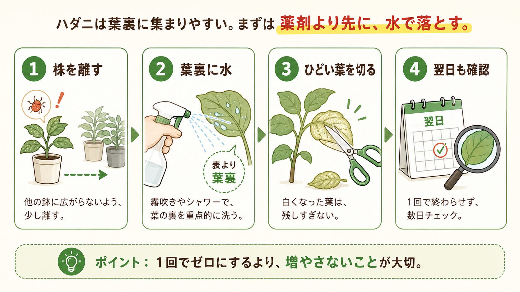 ハダニを水で落とす4ステップ。株を離す、葉裏に水をかける、ひどい葉を切る、翌日も確認する手順。