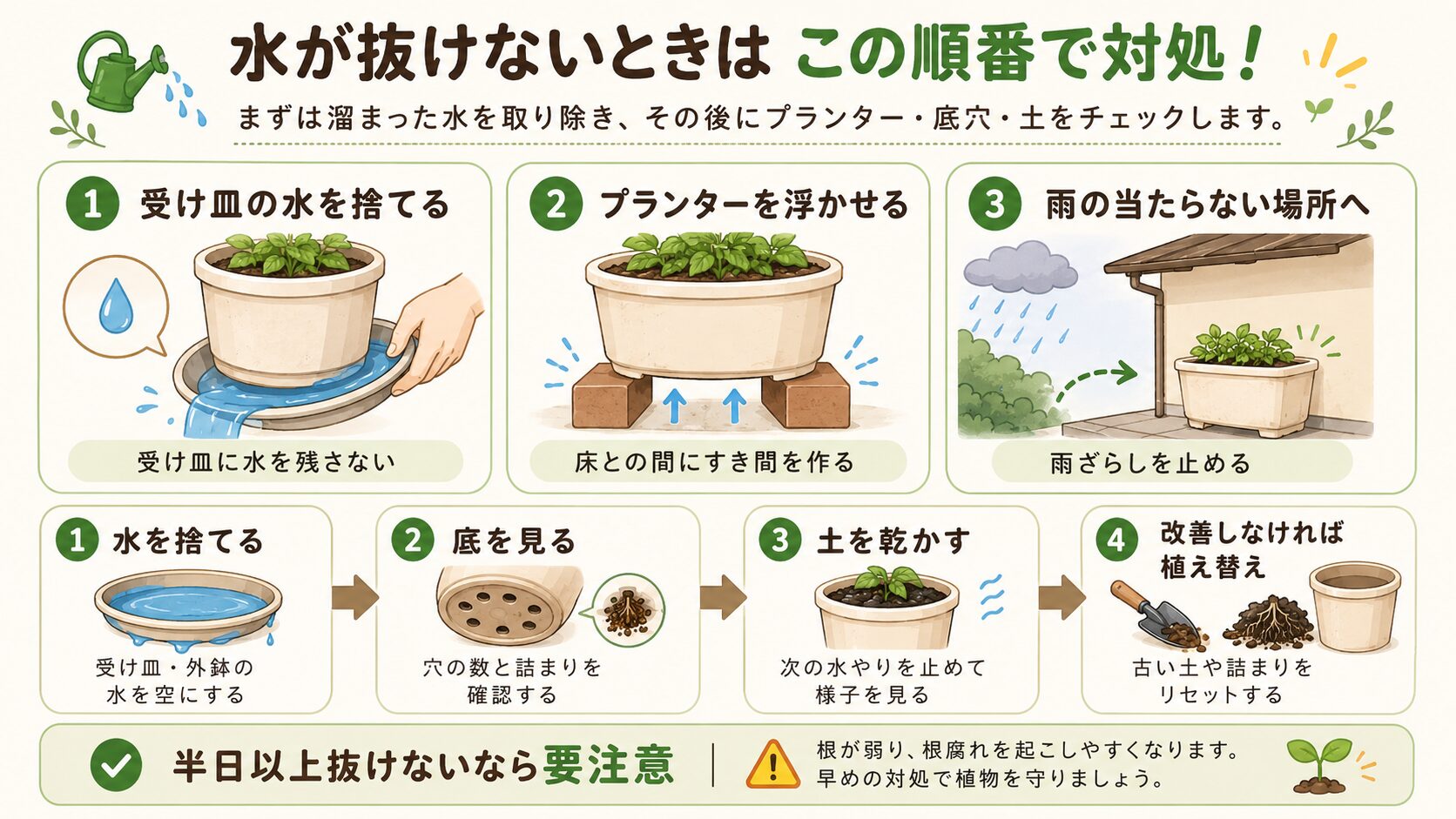 水が抜けないときの応急処置を示す図解。受け皿の水を捨てる、プランターを浮かせる、雨の当たらない場所へ移動する