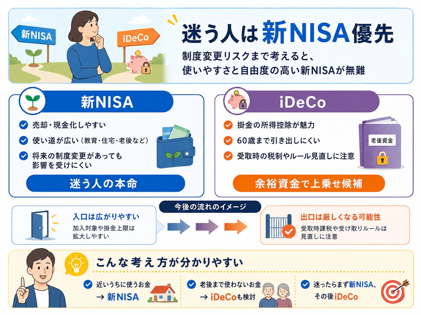 今後の制度変更リスクまで考えた場合、新NISAは自由度が高く、iDeCoは所得控除がある一方で出口課税や資金拘束に注意が必要であることを示した図解