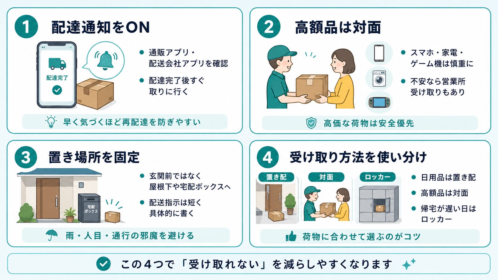 配達通知をオンにする、高額品は対面、置き場所を固定、受け取り方法を使い分ける対策を説明する図