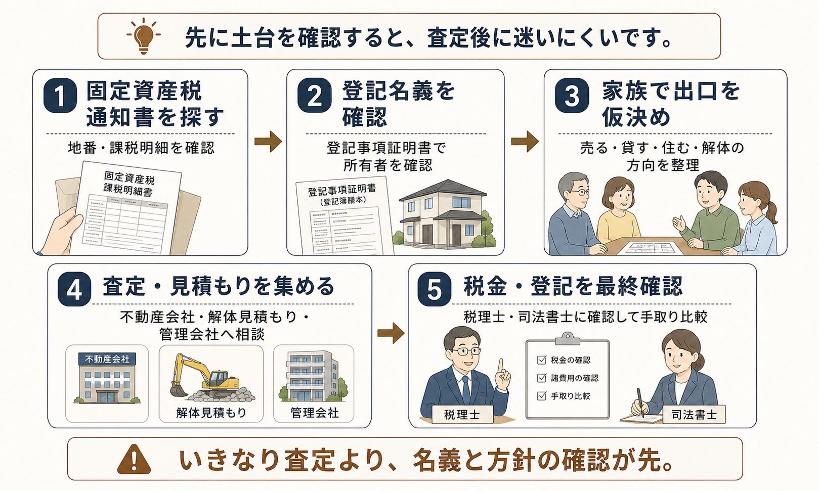 相続不動産で今日やることを、固定資産税通知書、登記名義、家族方針、査定見積もり、税金登記確認の5ステップで示した図解