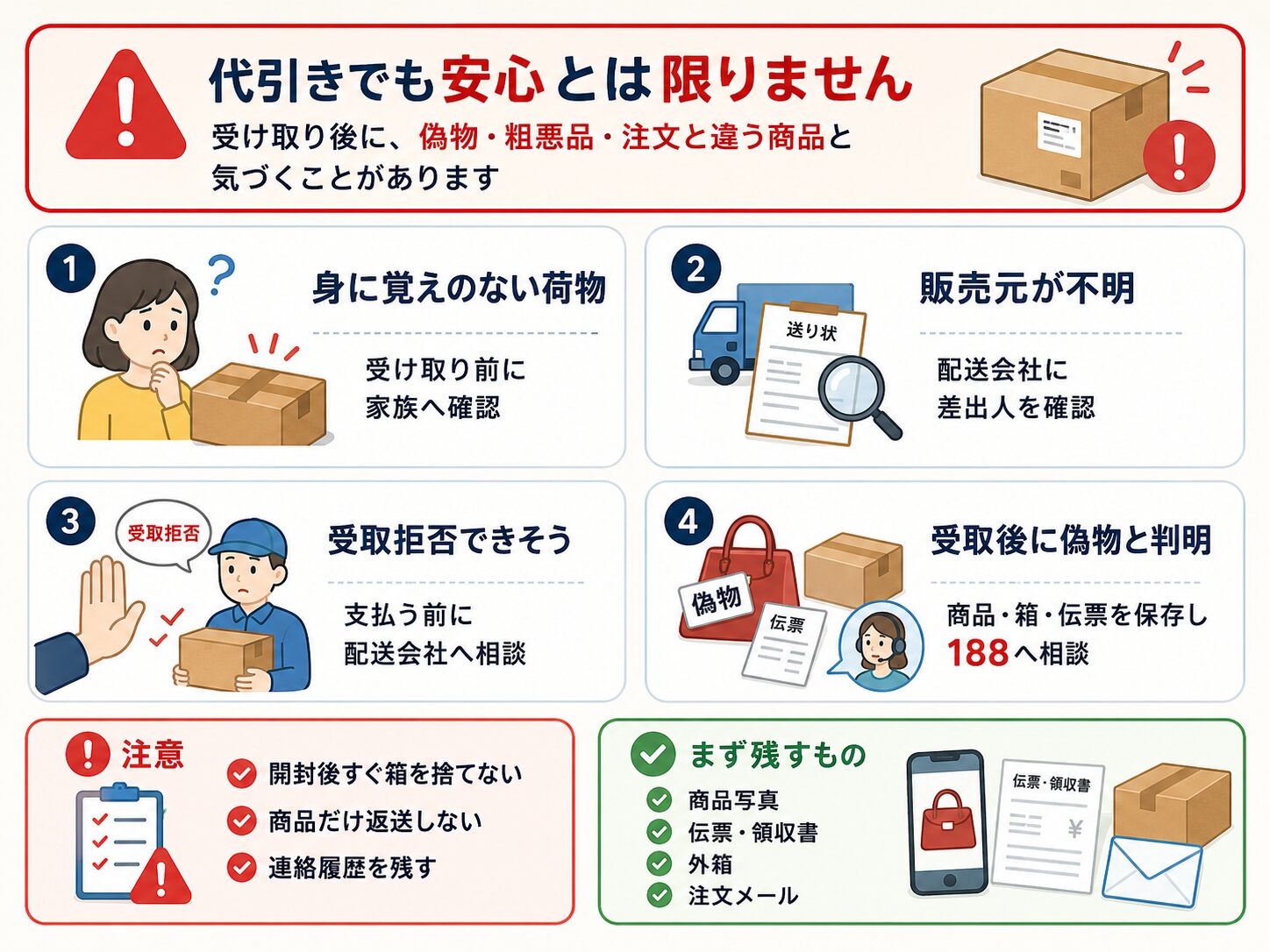 代引きで偽物や注文と違う商品が届くリスクを説明した図解。