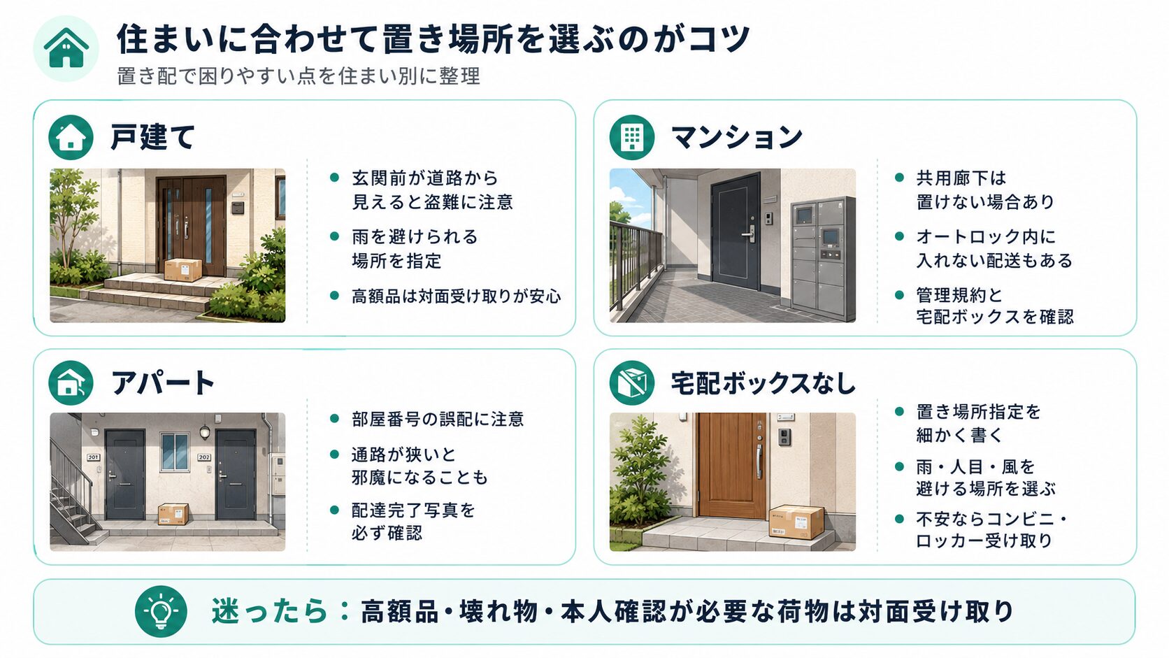 戸建て、マンション、アパート、宅配ボックスなしの住まい別に置き配の注意点を整理した図