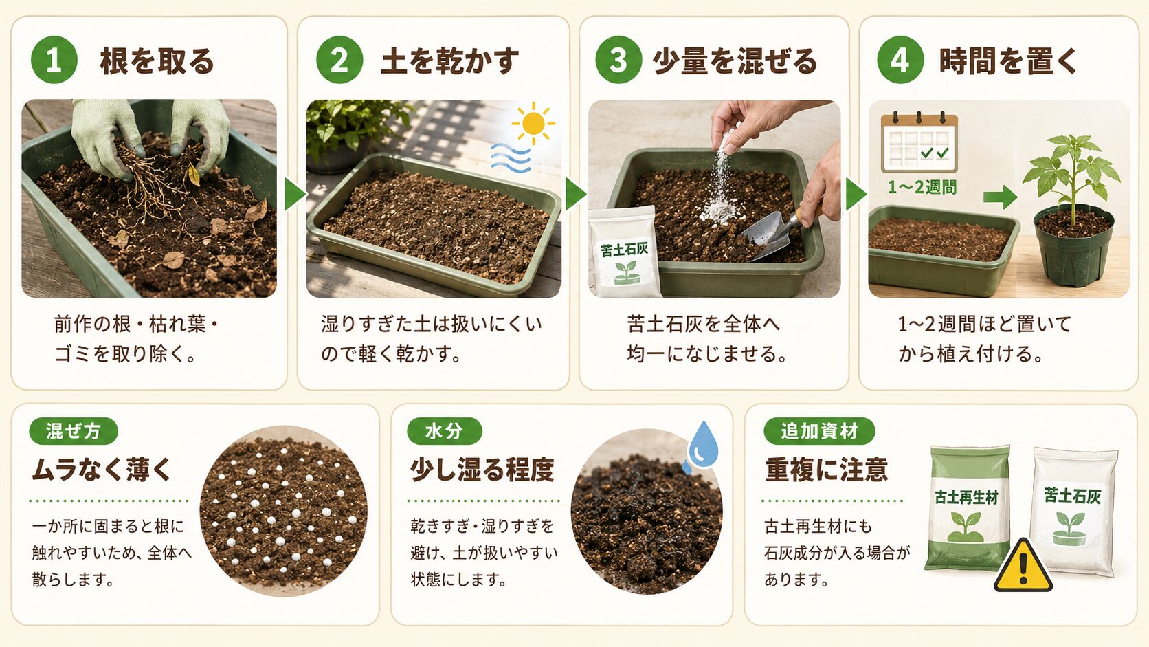 古い土を再利用する時に苦土石灰を混ぜる手順の図解